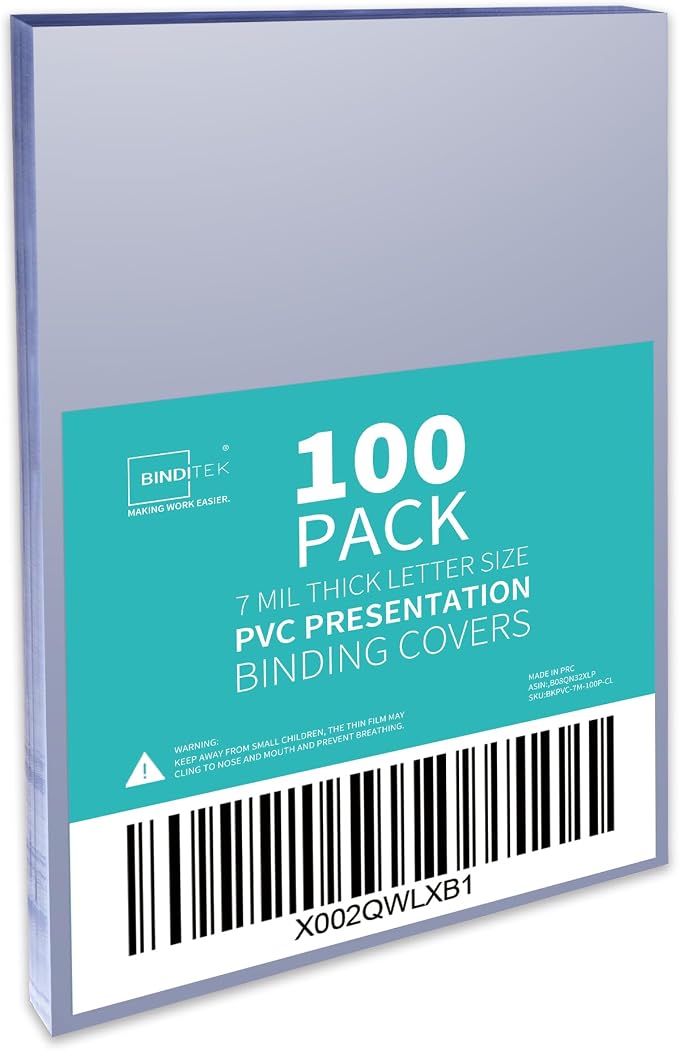 Binditek 7 Mil PVC Binding Covers, 8.5 x 11 Inches, Clear, 100 Pack | Plastic Binding Covers, 8.5" x 11" Letter Size, Clear, Square Corners, Unpunched, Ideal for Business Reports and Proposals