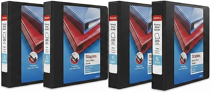 Staples Heavy Duty 1 1/2" 3-Ring View Binder, D-Ring, Black, 4/Pack