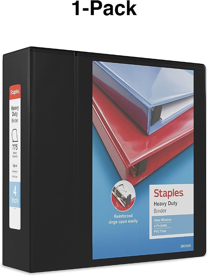 Staples Heavy-Duty 4-Inch D-Ring View Binder, Black, 1,000 Sheets | Extra-large capacity for office archiving and bulk document storage.