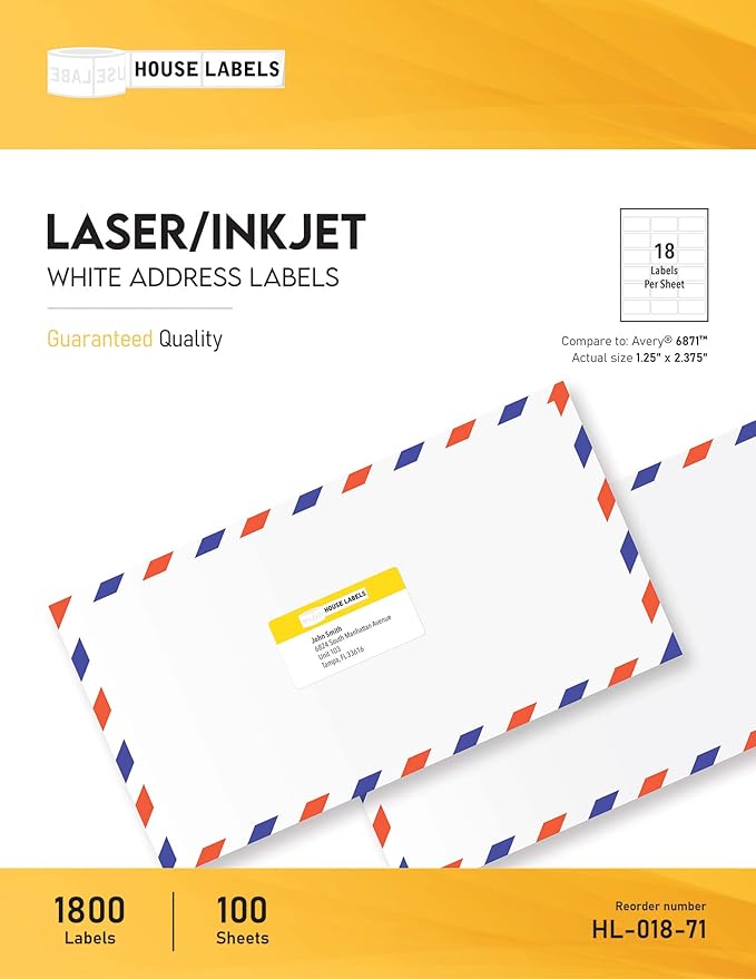 HOUSELABELS 18-up Address Labels (2-3/8" x 1-1/4") for Laser and Inkjet Printers, 800 Sheets