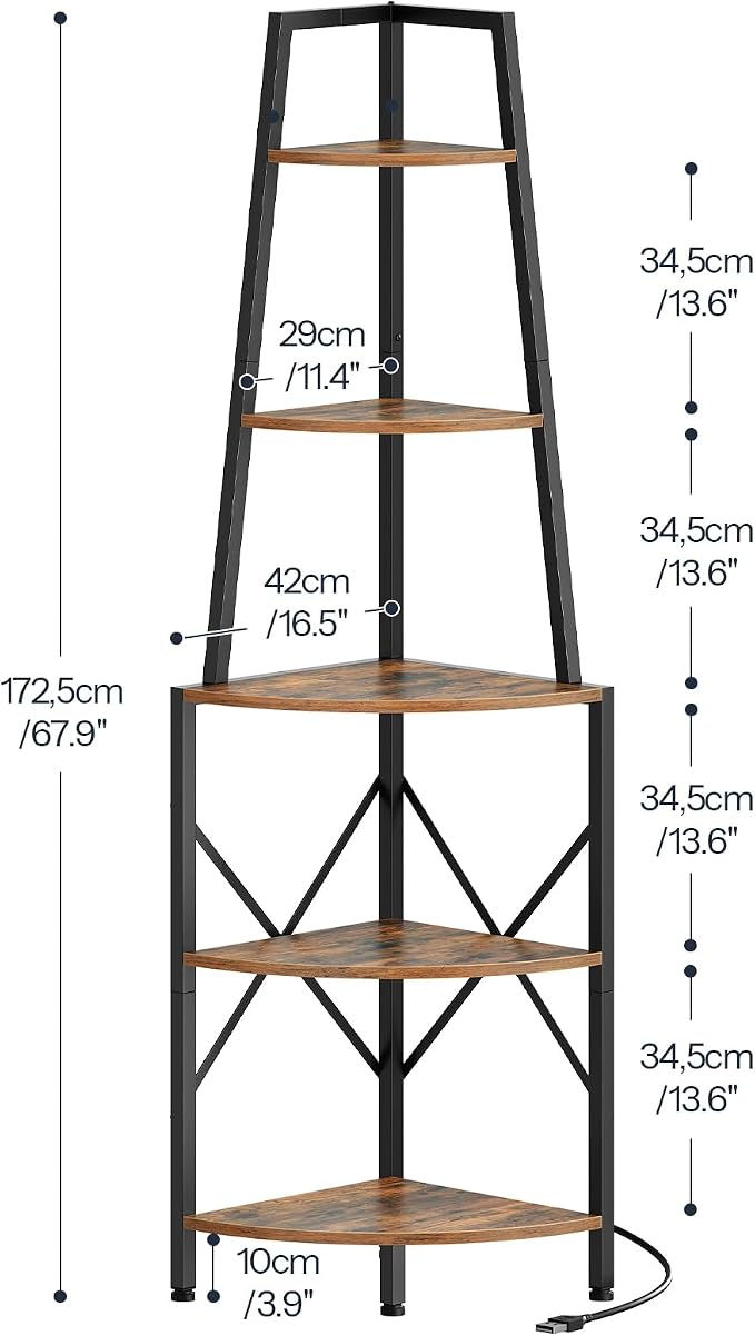 HOOBRO 5-Tier Corner Shelf with Lights, 67.9” Tall Corner Shelf Stand, Industrial Corner Bookshelf, Corner Plant Stand Display Shelf, for Living Room, Kitchen, Home Office, Rustic Brown BF120DCJ01