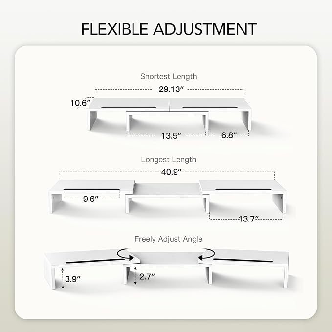 AMERIERGO Dual Monitor Stand Riser- 3 Shelf Screen Stand with Adjustable Length and Angle, 2 Extra Functional Slot Desktop Organizer Stand for PC, Computer, Laptop (White)