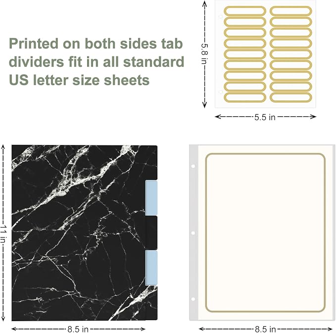 Rouidr 3 Ring Binder, 2 Inch Round Ring Binder Organizer with Clipboard, 5 Dividers Tabs, A4 8.5 x 11 Inch Paper & Clear Sleeves for School, Office Supplies, Black Textured Marble