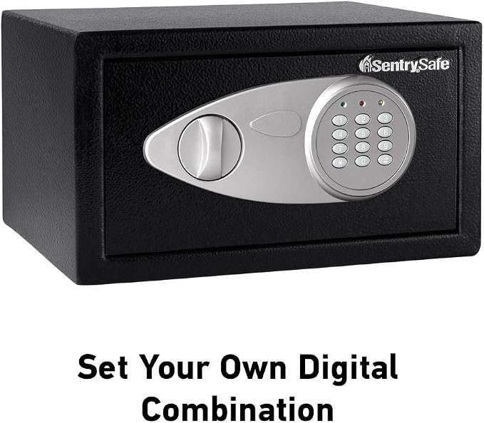 SentrySafe Medium Safe with Digital Keypad, Lock Box with Code has Interior Lining and Bolt Down Kit that Secures Pistol, Money, 0.41 Cubic Feet, 7.6 x 11.4 x 10.4 Inches, X041E
