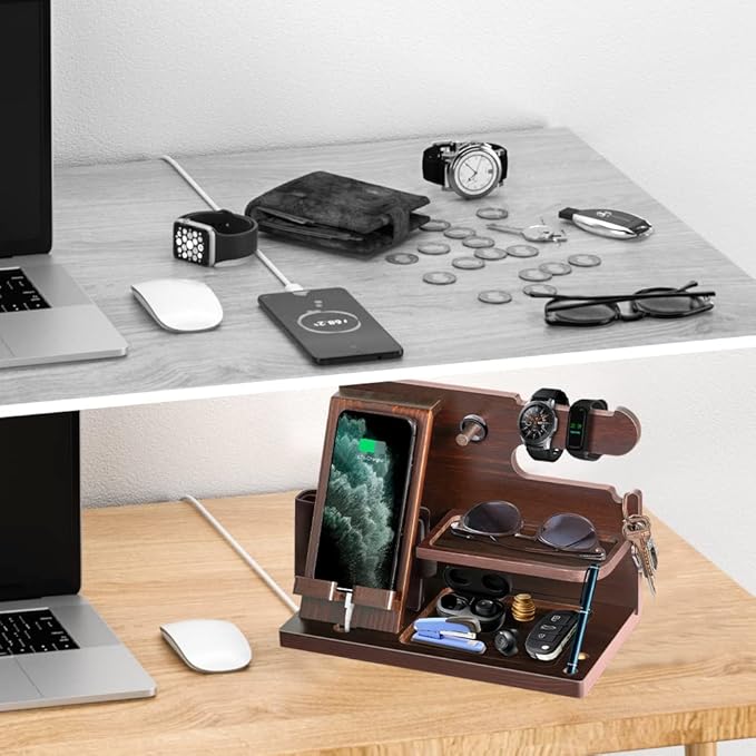 Gifts for Men Wood Phone Docking Station for Mens Gifts for Christmas Husband Anniversary Dad Birthday Gifts for Men or Dad - Nightstand Organizer Purse Father Desk Accessories & Workspace Organizer