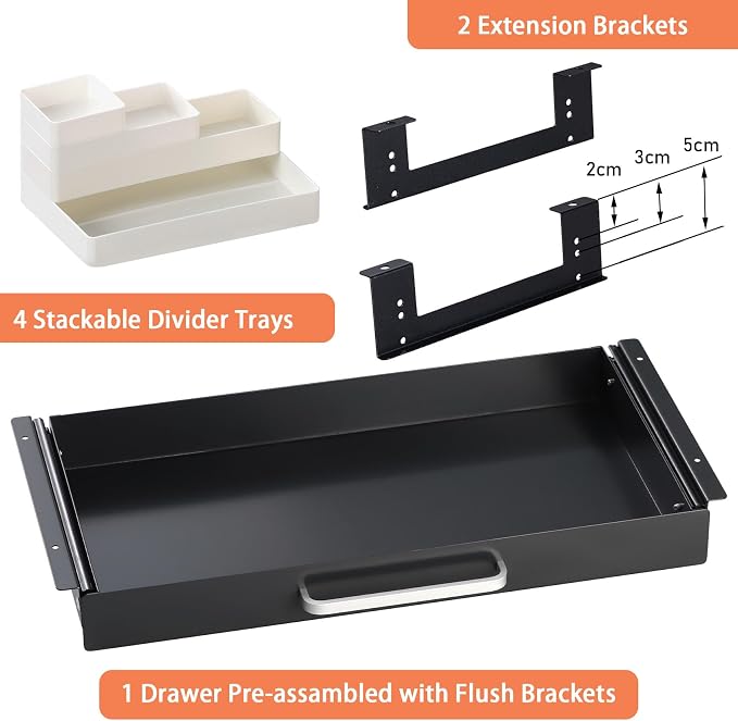 Under Desk Drawer 21" with 4 Divider Trays, Storage Drawer Organizer | Black, Under Counter, Desk Accessory, Attachable for Workbench, Adjustable Brackets, for Desk Lip with Crossbar, Clamp Mount
