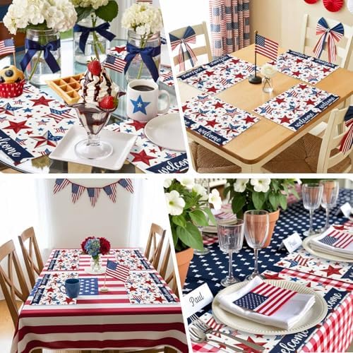 4th of July Placemats Set of 6, Patriotic Stars USA Flag Place Mats Independence Day Dining Table Mats Holiday Party Memorial Day Decor for Kitchen&Linens Outdoor Indoor, Red White and Blue