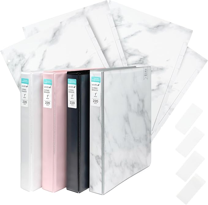 Yoobi 1 Inch Marble 3-Ring Binder & 8-Tab Divider Set, 4-Pack, D Rings | 3-Ring Binder + 8-Tab Divider Set, 2 Interior Pockets, Blank Sticky Labels Included, 4-Pack of Each