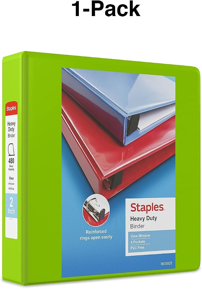 Staples Heavy-Duty 2-Inch D-Ring View Binder, Reinforced Spine, Holds Up to 450 Sheets, Chartreuse, for Office & School