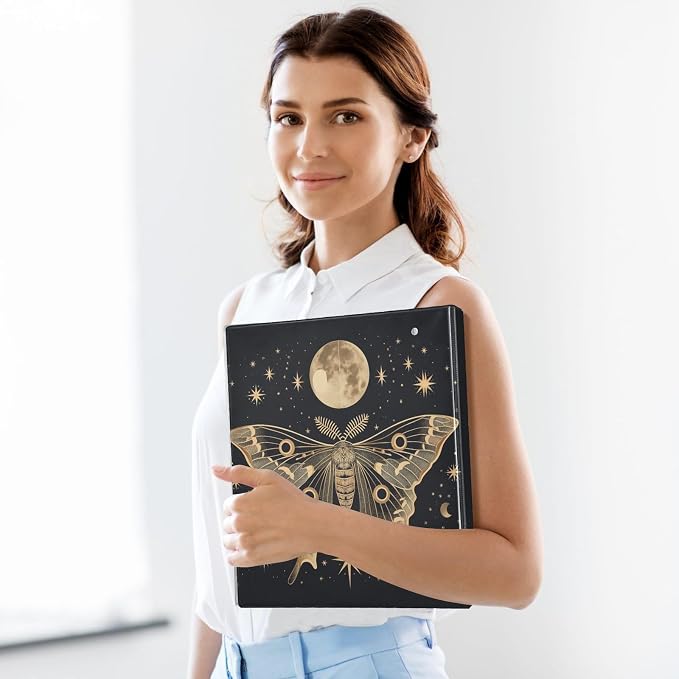 3 Ring Binder 1.5 in Recipe Binders 1 Pcs Moth Moon | Decorative Client Records with Clip 3 Clear Interior Pockets for 200 Sheets Letter-Size(11" x 8.5") Paper PVC Cover Folder