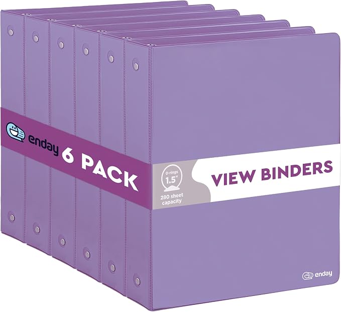 Enday 1.5 Inch Binder (6 Pack - Purple) 3 Ring Binder 1.5 inch with Clear View Cover and 2 Inside Pocket - for Letter Size 8.5 x 11'' Paper, Ideal for School Supplies, Office, and Home