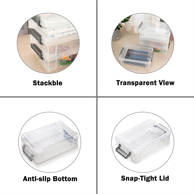 BTSKY 4 Pack Extra Large Plastic Pencil Box Stackable, Translucent, Grey | Clear Pencil Caase Crayon Box Set Marker Organizer Art Supply Storage Organizer for Gel Pens Pencils Erasers Tape Markers etc
