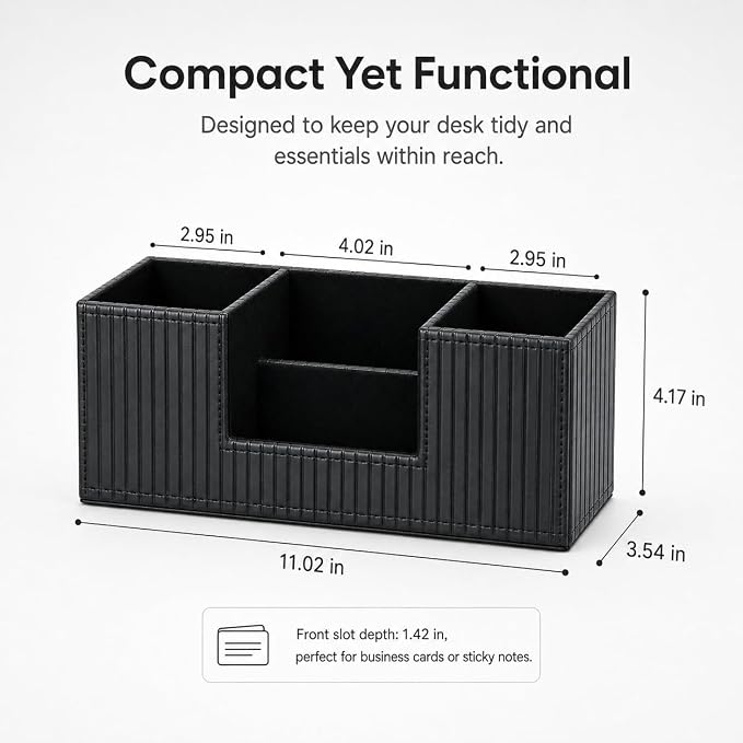 GORESE Pen Holder for Desk, PU Leather Desk Organizer for Office, Black | 4-Compartment, Vegan Leather, Office Supplies, Desk Caddy Nightstand Organizer for Pen, Pencil, Remote Control, Business Card