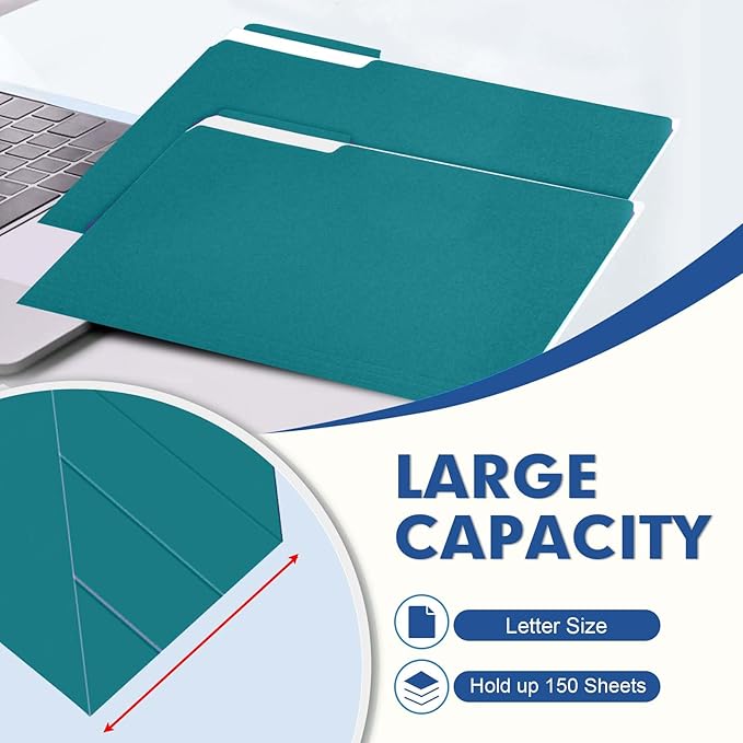 File Folder, PANDRI 120 Pack File Folder, 1/3 Cut Tab, Letter Size, Filing Folder for Office School Business, Turquoise