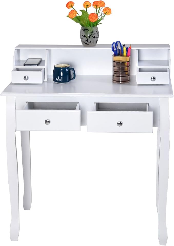 GOFLAME Writing Desk, Large Storage Space with 4 Drawers, Secretary Table Computer Desk Writing Table with Detachable Tabletop Organizer, Suit for Home and Office Use (White)