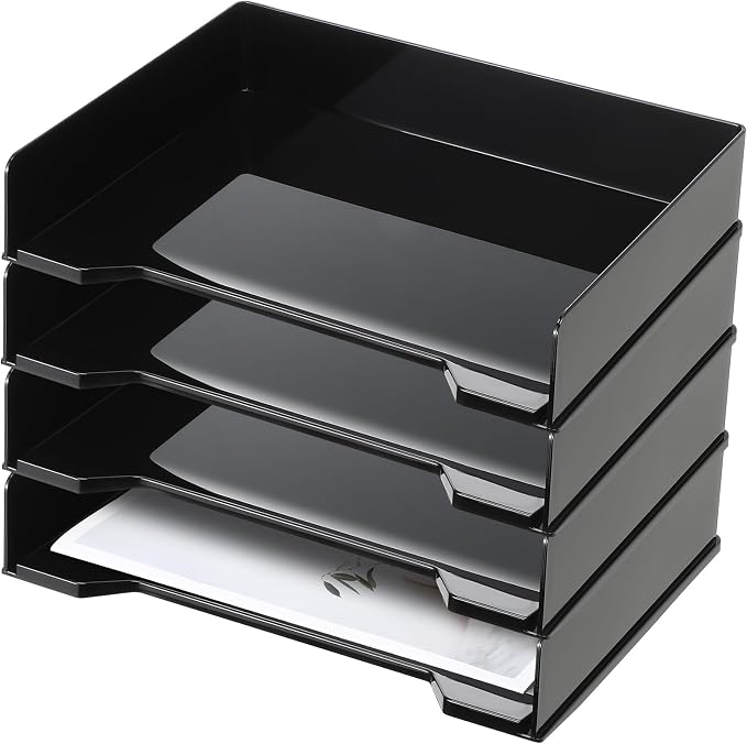 DoubleFill 4 Pcs Stackable Letter Tray Rectangular Plastic Desk Organizer 13 x 9.5 x 2.6 in Paper Holder File Tray Accessories Rack for Desktop Office Desk Drawers (Black)