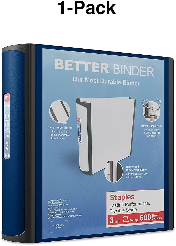 Staples Better Binder, 3 Inch D-Ring, Blue, Reinforced Rubber Spine | Heavy-duty design holds up to 600 sheets for school and office use.