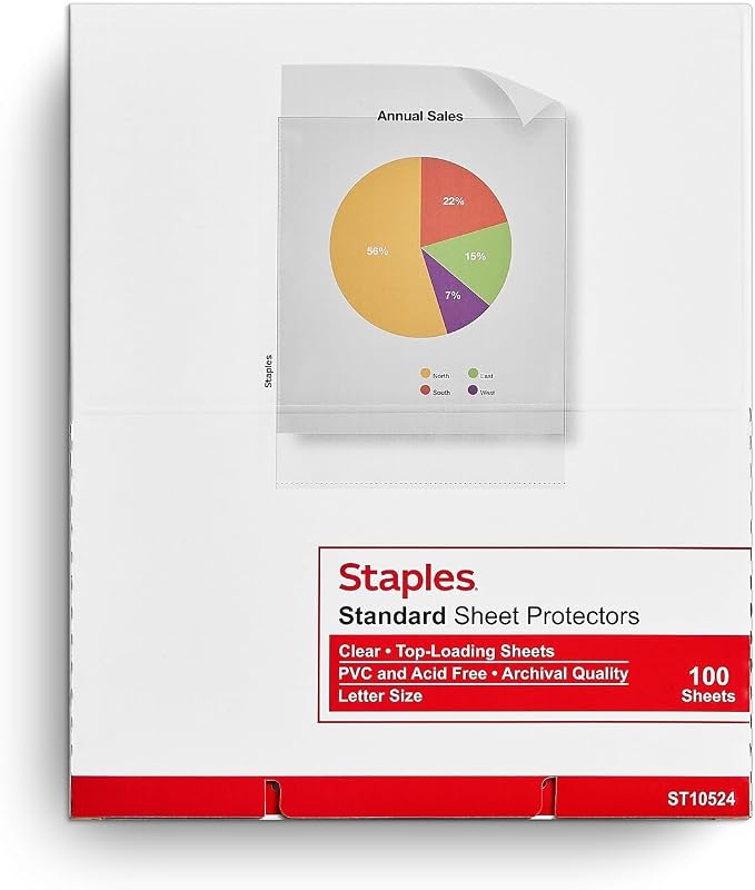 Staples Sheet Protectors, 8.5x11 Inch, Top-Loading, Clear, 100-Pack | 3-hole punched, 2.4 mil pages protect documents in standard binders.