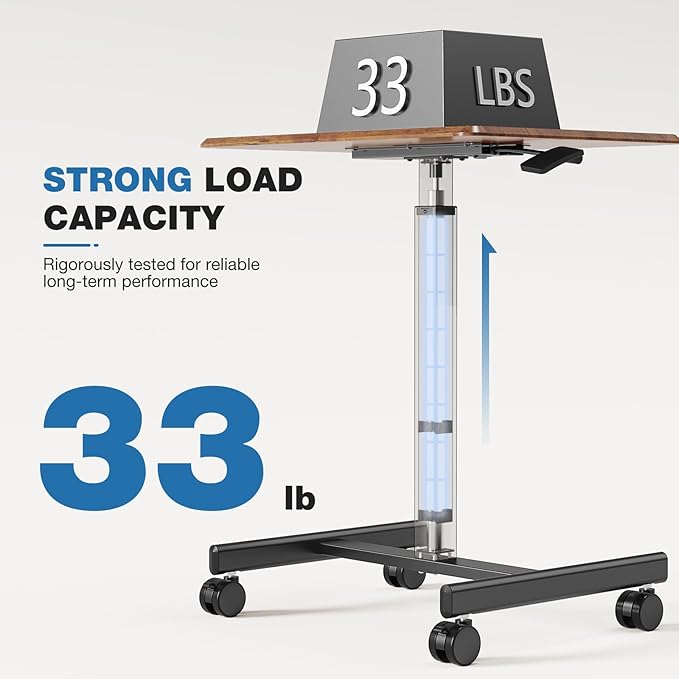 DUMOS Mobile Rolling Desk with Wheels Adjustable Height | Small Standing Desks Portable Laptop PC Table, Computer Workstation for Home Office Small Space, Modern Brown
