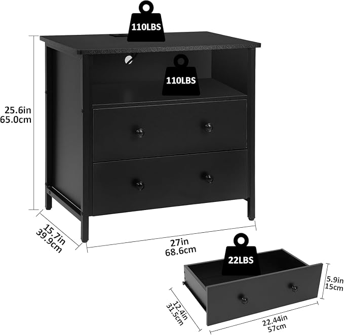 27" LED Nightstand Set 2 with Charging Station, 2 Drawers, Black | RGB App Control, 2 AC Outlets & 2 USB Ports, Open Storage, Adjustable Feet, Wood Tall Nightstand for Bedroom or Office