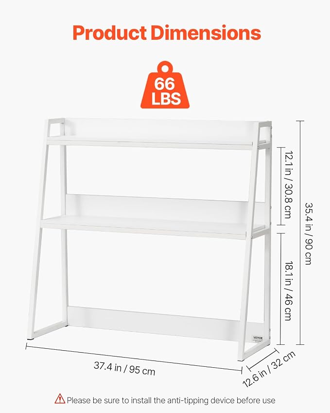 VEVOR Desktop Bookshelf, 2-Tier Desktop Storage Organizer, 37.4" x 12.6" x 35.4" Office Desk Storage Rack Display Shelf, Desktop Bookshelf Hutch with Anti-Slip Feet Pads for Office, Home & Dorm, White