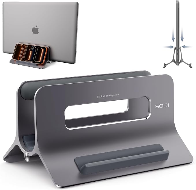 Vertical Laptop Stand for Desk, Gravity Auto Lock MacBook Stand, Aluminum Laptop Holder Vertical Compatible with MacBook Pro, Air, Tablet, Space-Saving Organize Work & Home Office, Gray