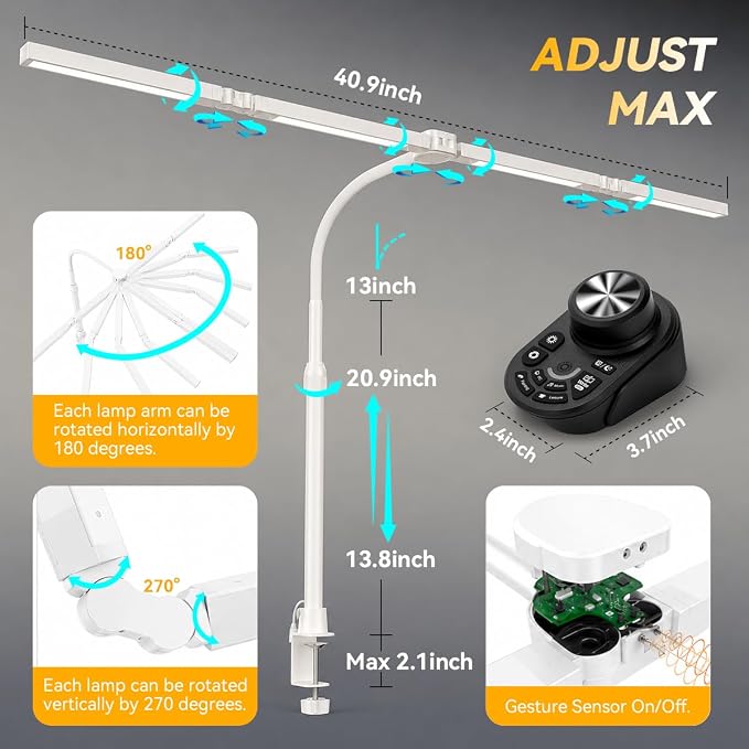 Adjustable LED Desk Lamp with Clamp, 4-Head Eye-Caring CRI95+ Desk Light, Stepless Dimming & Color Temp Remote Control, Flexible Neck, 5-Mode for Reading, Computer, Crafting, 90" Wide Desk Coverage