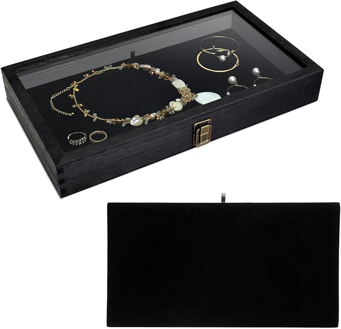 MOOCA Wooden Jewelry Display Case, Pocket Knife Display Case with Tempered Glass Top Lid and Removable Black Luxurious MDF Velvet Jewelry Pad, Black Color