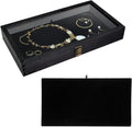 MOOCA Wooden Jewelry Display Case, Pocket Knife Display Case with Tempered Glass Top Lid and Removable Black Luxurious MDF Velvet Jewelry Pad, Black Color