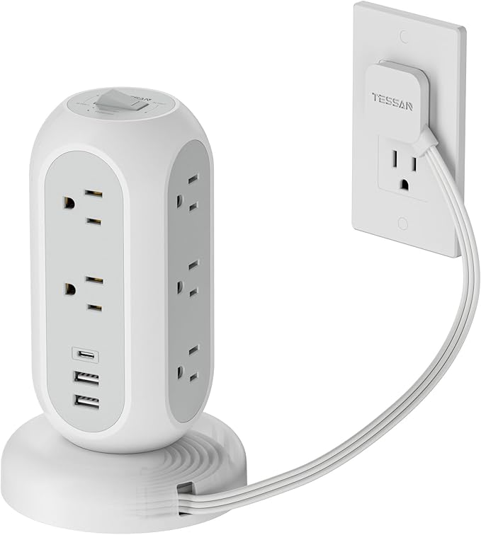 TESSAN Tower Power Strip Flat Plug with 1050J Surge Protection, 5 Ft, Grey | 11 Outlets 3 USB (1 USB C), Surge Protector Power Tower, Retractable Extension Cord with Multiple Outlets for Dorm, Office