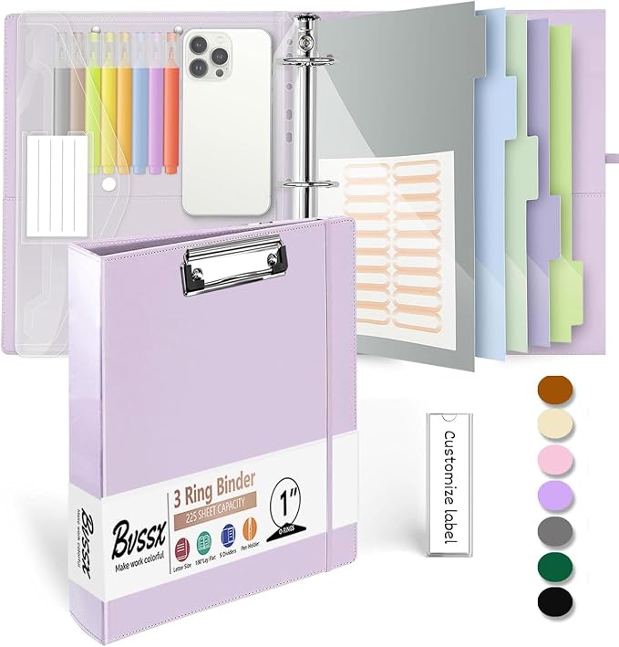 3 Ring Binder, 1 Inch Leather Binders with Clipboards, 5-Tabs Pockets Dividers, 18 Divider Stikers, Plastic Folder, Pen Holder, Three Ring Binder with Pen Holder(Purple, Letter Size)