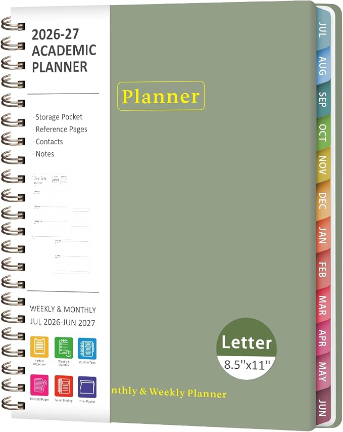 Planner 2026-2027, Academic Weekly and Monthly Calendar Planner, July 2026 - June 2027, Hardcover Spiral Agenda Book, School Supplies for Teacher Student - Letter Size(8.5" x 11")