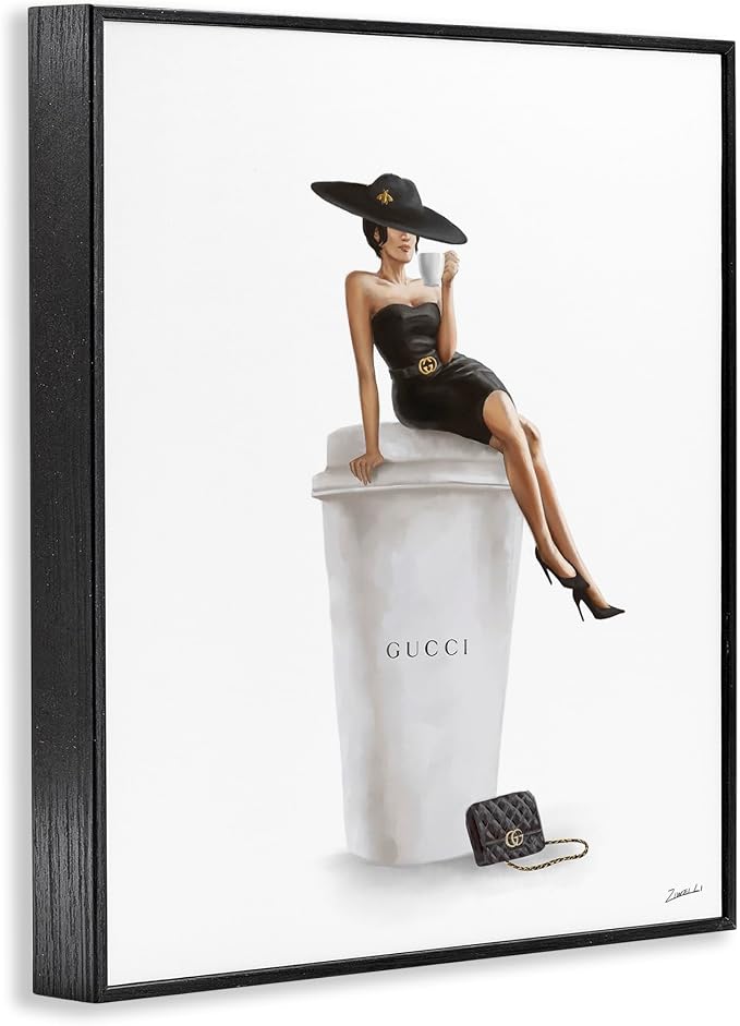 'Fashion Female Pose on Coffee'| Framed Giclee Art | Stupell Industries | Black, 11 x 14 Inches, Easy to Hang and Sturdy, Made in USA, by Ziwei Li