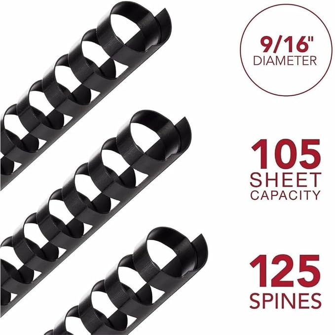 Mead CombBind Binding Spines/Spirals/Coils/Combs, 9/16", 105 Sheet Capacity, Black, 125 Pack (4000138)
