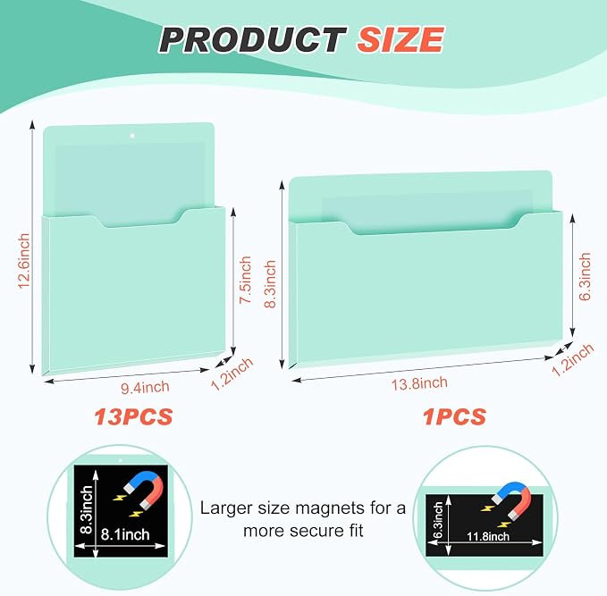 Feifeiya 2 Pcs Magnetic File Folder Wall Hanging Holder Large Pocket Paper Magazine Mail Organizer for Refrigerator Classroom Locker Whiteboard(Mixed,Mint Green,13.8 x 8.3 Inches,12.2 x 9.4 Inches)