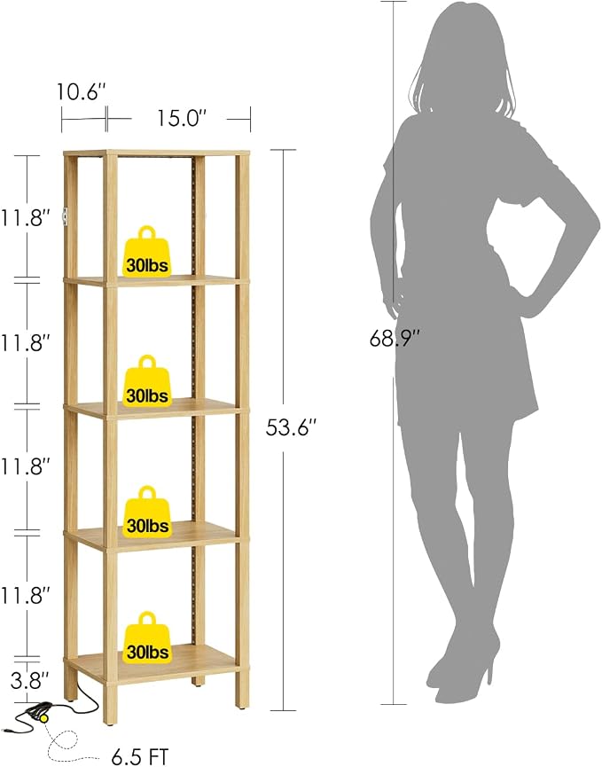 Open Book Shelf with LED Lights, 5 Tier Tall Bookshelf, Freestanding Shelf Narrow Bookcase with Open Shelves, 14.96" x 10.63" x 53.54", Book Shelves for Living Room, Office, Study, Oak
