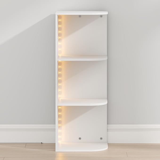 Furinno PASIR Book Shelf with LED Lights, 3-Tier Corner Bookshelf, Open Shelves Bookcase 9.3 x 12 x 31.5, for Home Office, Living Room, Study Room, White