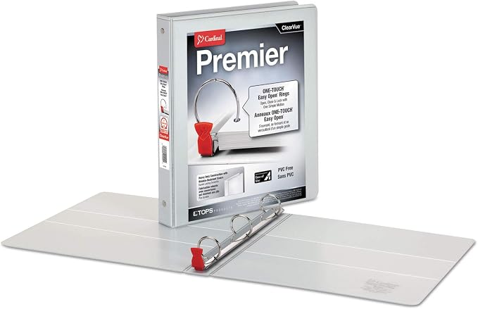 Cardinal 3 Ring Binder, 1 Inch Premier Easy Open Binder, ONE-TOUCH Locking Round Rings, 200-Sheet Capacity, ClearVue Cover, PVC-Free, White (11100)