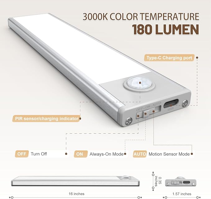 16 inch Under Cabinet Lighting, 6 Pack Motion Sensor Light Indoor Rechargeable Magnetic Closet Lights Battery Operated, Under Counter Lights for Kitchen, Wardrobe, Hallway, Stairs Warm White Light