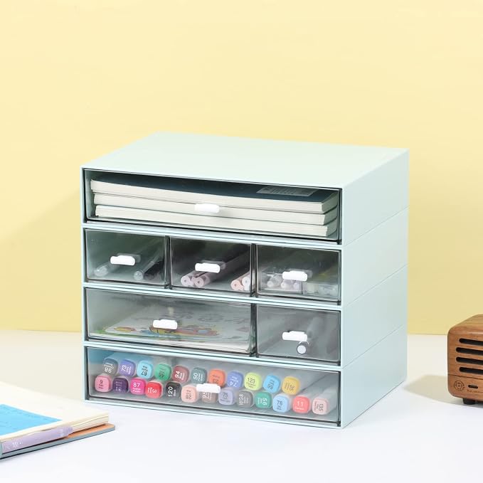 Stackable Storage Drawers, Office Desk Organizer with 7 Flat Drawers | Blue, Plastic Mini Desktop Storage Box, Tabletop Small Craft Drawer for Office Supplies, Makeup Desk Organizer and Accessory
