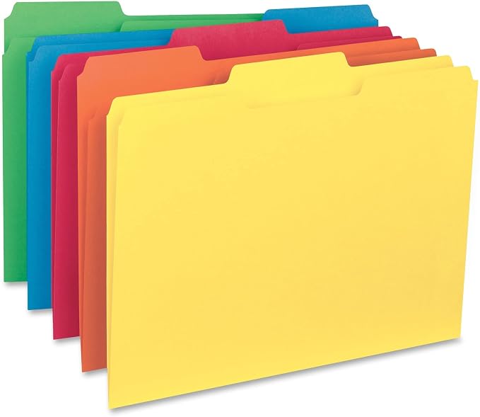 Smead Interior File Folder, 1/3-Cut Tab, Letter Size, Assorted Primary Colors, 100 per Box, Expandable File Folders for Filing Cabinet