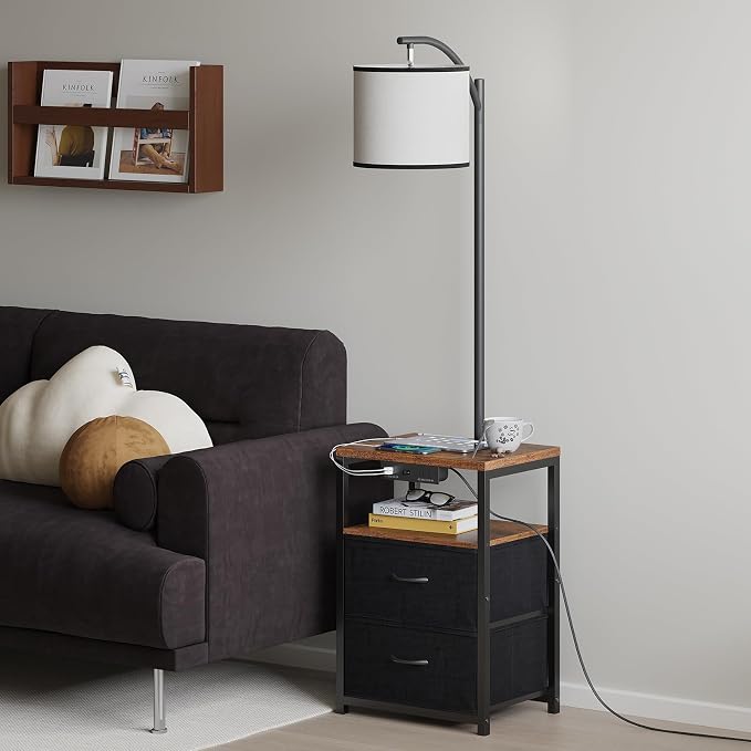 SUNMORY Floor Standing Lamp with Table & 2 Drawers, USB & AC Charging Port | 3 Color Temperature LED Bulb, Modern Nightstand for Bedroom, Shelves End Side Table Lamp for Living Room Home Office