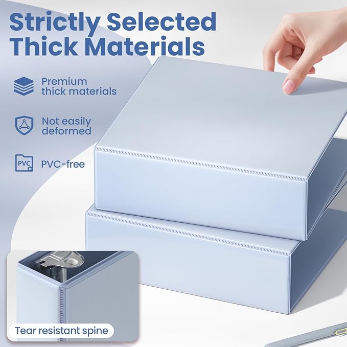 SUNEE 3 Ring Binder 3 Inch D Ring, Clear View Large Binder Three Ring PVC-Free (Fit 8.5x11 Inches) for School or Office Supplies, Haze Blue, 1 Pack
