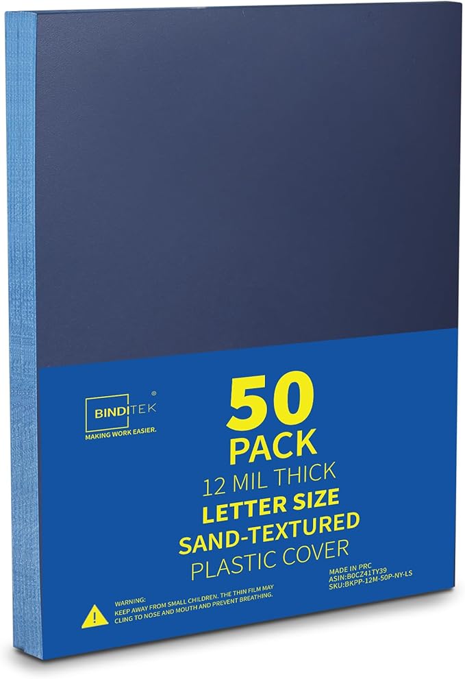 Binditek 12 Mil Sand-Textured Binding Covers, Letter Size, Navy, 50 Pack | Plastic Binding Covers, 8.5" x 11", Subtle Matte Finish, Square Corners, Unpunched, Ideal for Business Reports and Proposals
