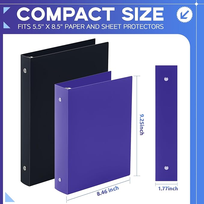 Henoyso 1.5 Inch 6 Pack Mini 3 Ring Binders for 5.5"x8.5" Paper,Purple | Holds 280 Sheets, Plastic Small Binders, Round Three Rings, Flexible PP Covers, School Office, Photo Album Planner Journal