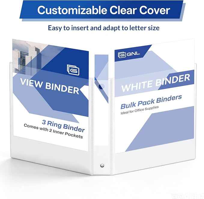 GNL 3 Ring Binders 1 Inch Economy 12 Packs White, 1" Three Ring (Fits 175 Sheets of 8.5x11 Paper) Clear View PVC-Free & Non-Stick for School or Office Supplies
