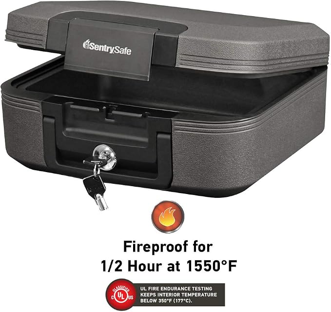 SentrySafe Fireproof and Waterproof Chest Box with Key Lock, Black Travel Safe with Interior Lighting and Carrying Handle, 0.28 Cubic Feet, 6.6 x 15.4 x 14.3 Inches, CHW20205