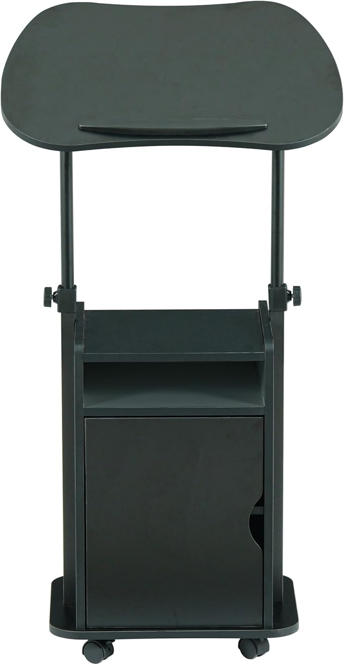 Techni Mobili Adjustable Laptop Cart w/Storage, Rolling Mobile Desk, Black | Adjustable laptop cart with storage cabinet, shelf, locking wheels, sit‑stand height for home office, bedside, classroom