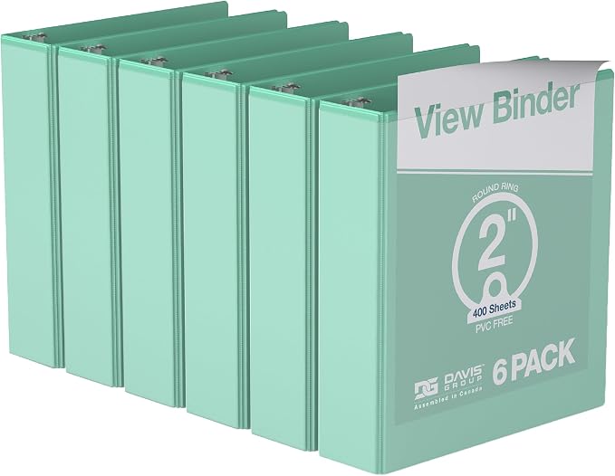Pack of 6 Premium View Binders, Ring Binders with Clear-View Cover and Interior Pockets, Pastel Color Options, 2 Inch, Mint