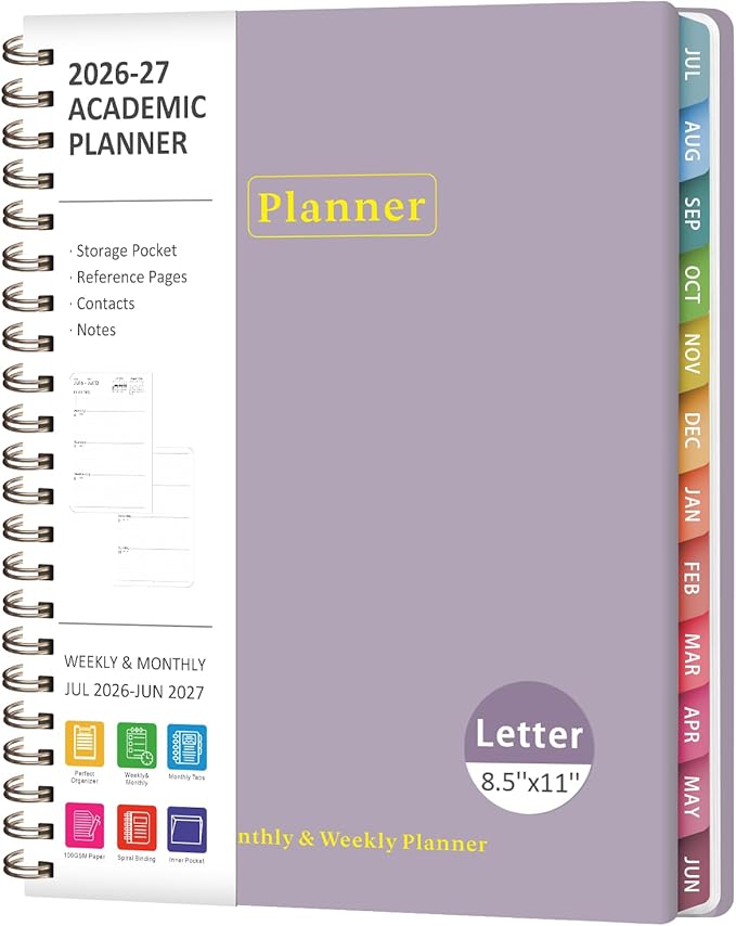 Planner 2026-2027, Academic Weekly and Monthly Calendar Planner, July 2026 - June 2027, Hardcover Spiral Agenda Book, School Supplies for Teacher Student - Letter Size(8.5" x 11")